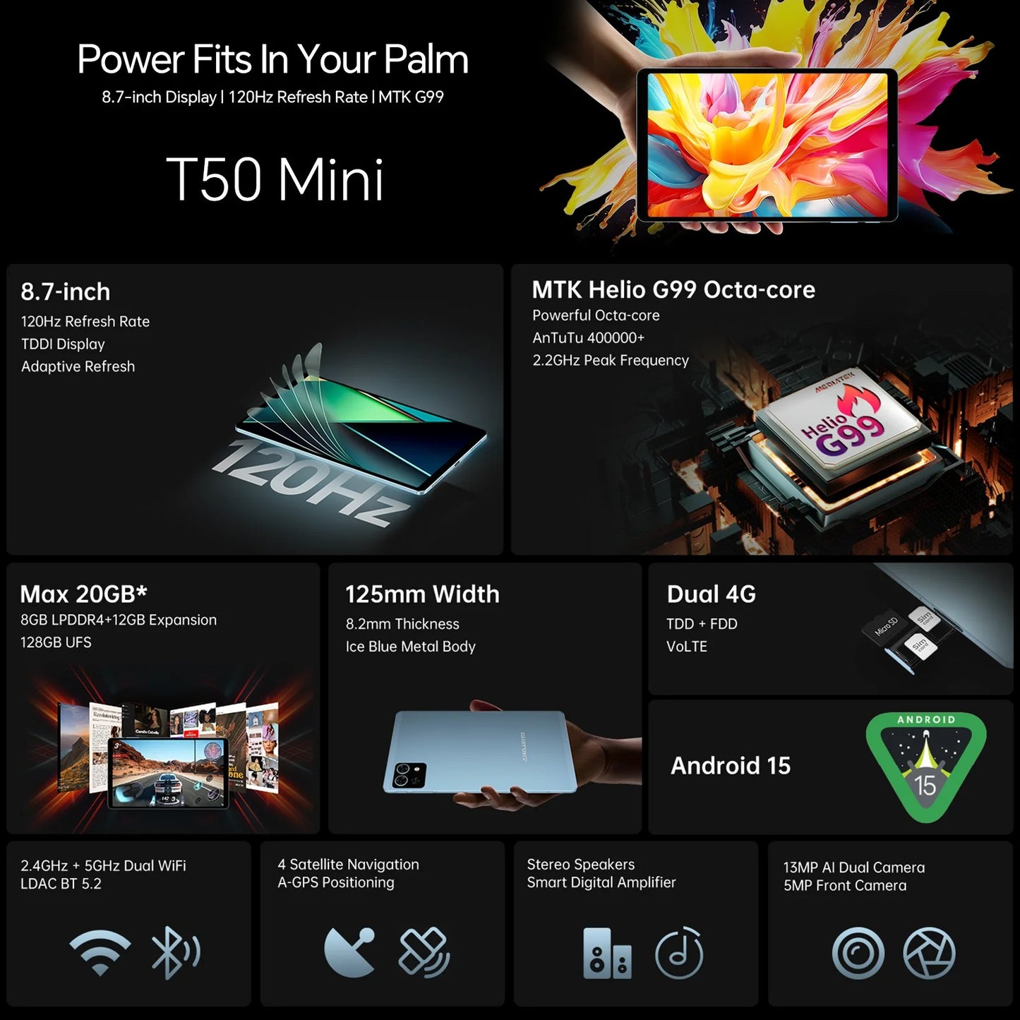 eclast T50 Mini Tablet 8.7" 120Hz 128GB